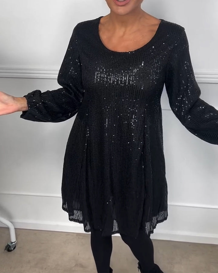 Elegant lantern sleeve sequined a-line dress