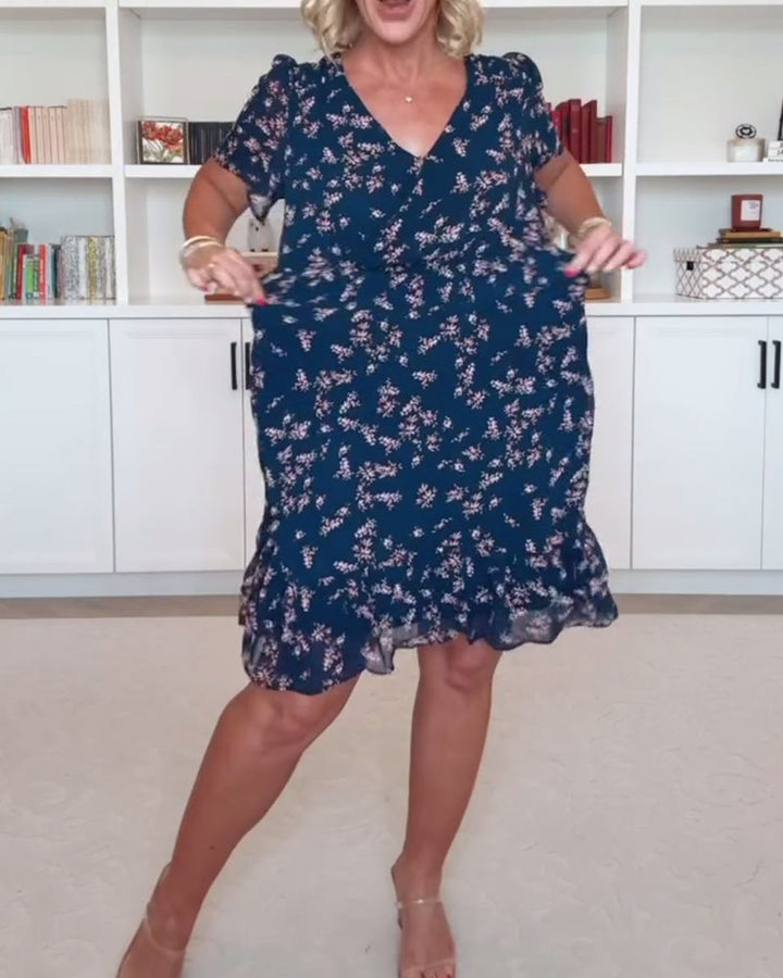 Puff Sleeve V-Neck Waist Dress