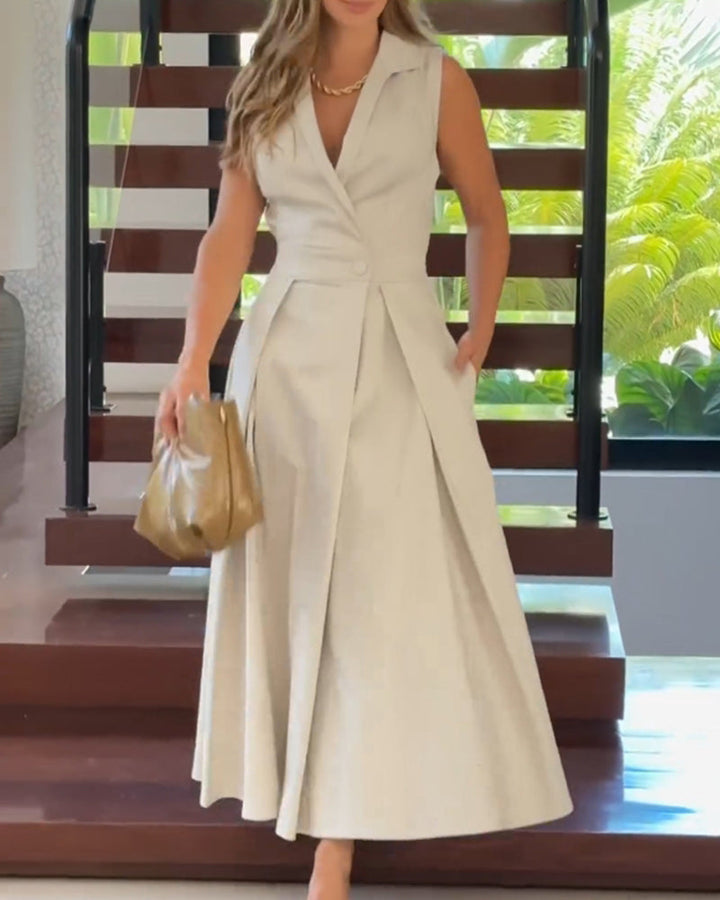 Sleeveless lapel elegant solid color dress