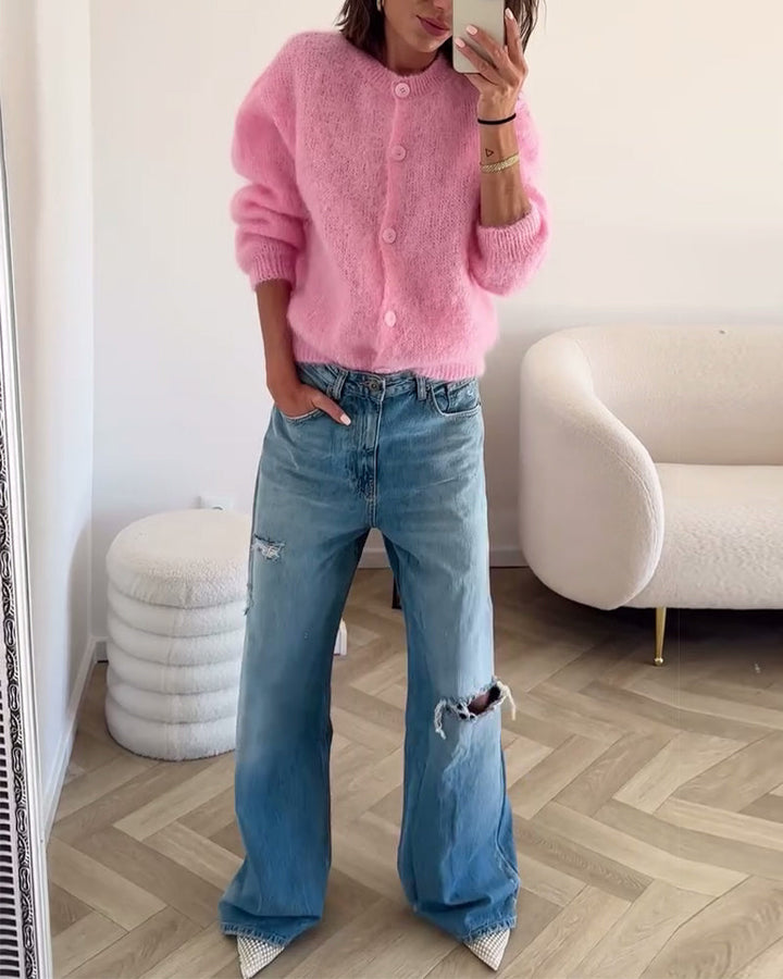 Crew Neck Plush Long-Sleeved Cardigan