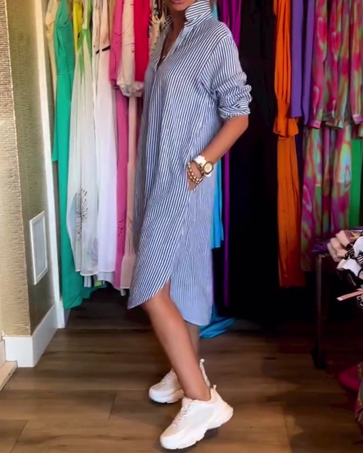 Striped printed lapel casual dress