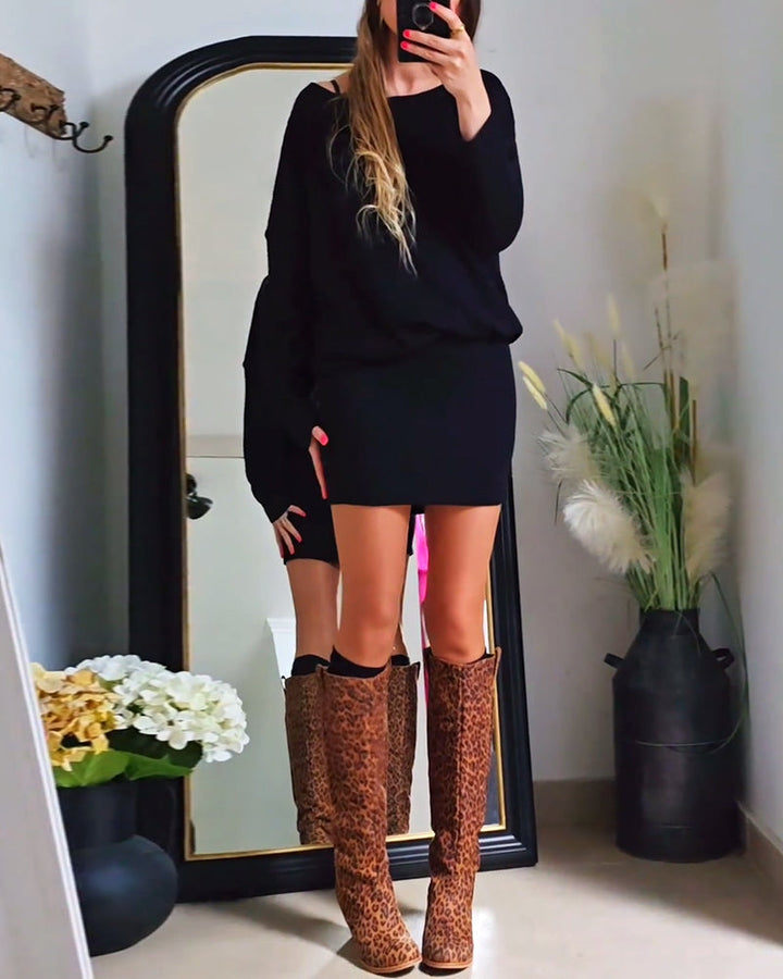 Fashion solid color round neck hip-wrapped long sleeve dress