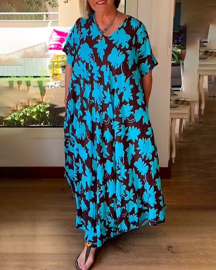 Floral print V-neck pocket loose dress