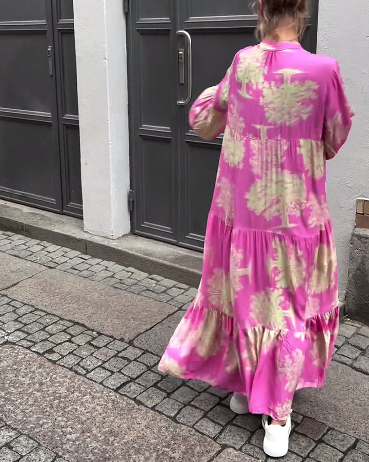Loose printed V-neck bell sleeve patchwork dress