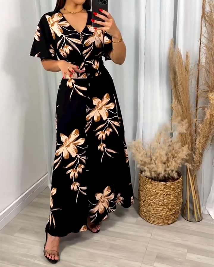 V-Neck Floral Print Waist Dress