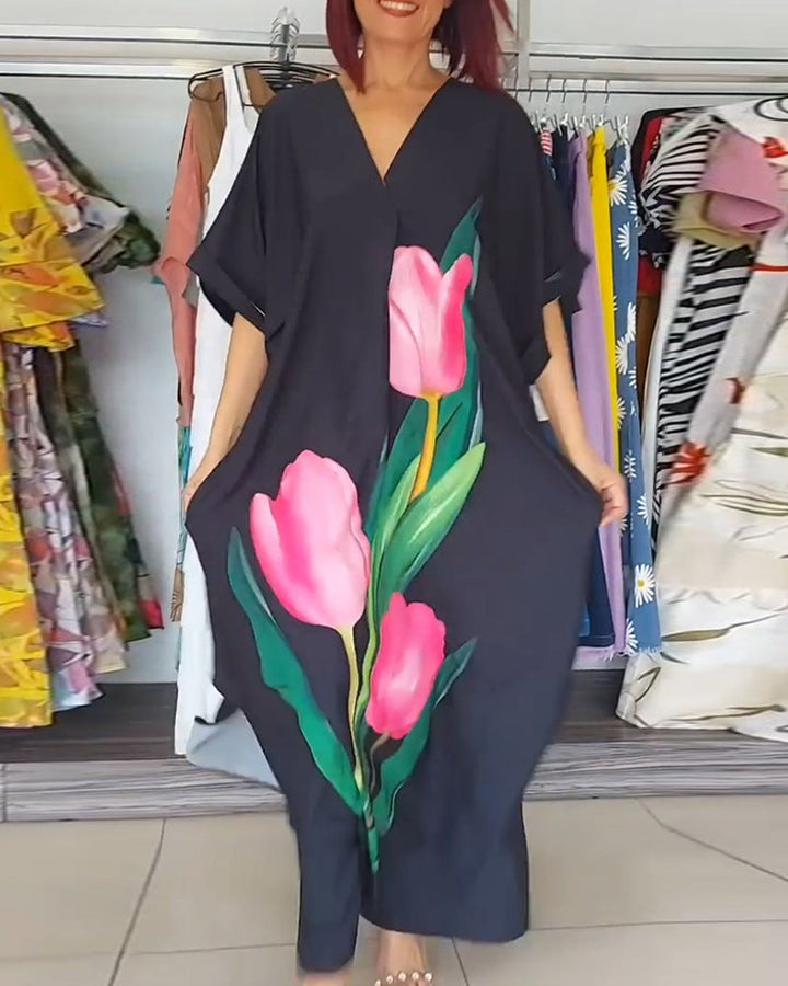 Floral print V-neck slit long dress
