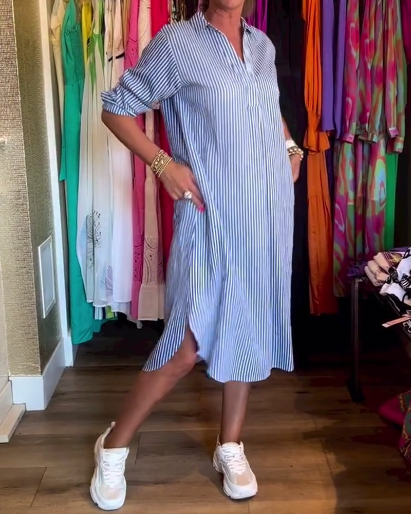 Striped printed lapel casual dress