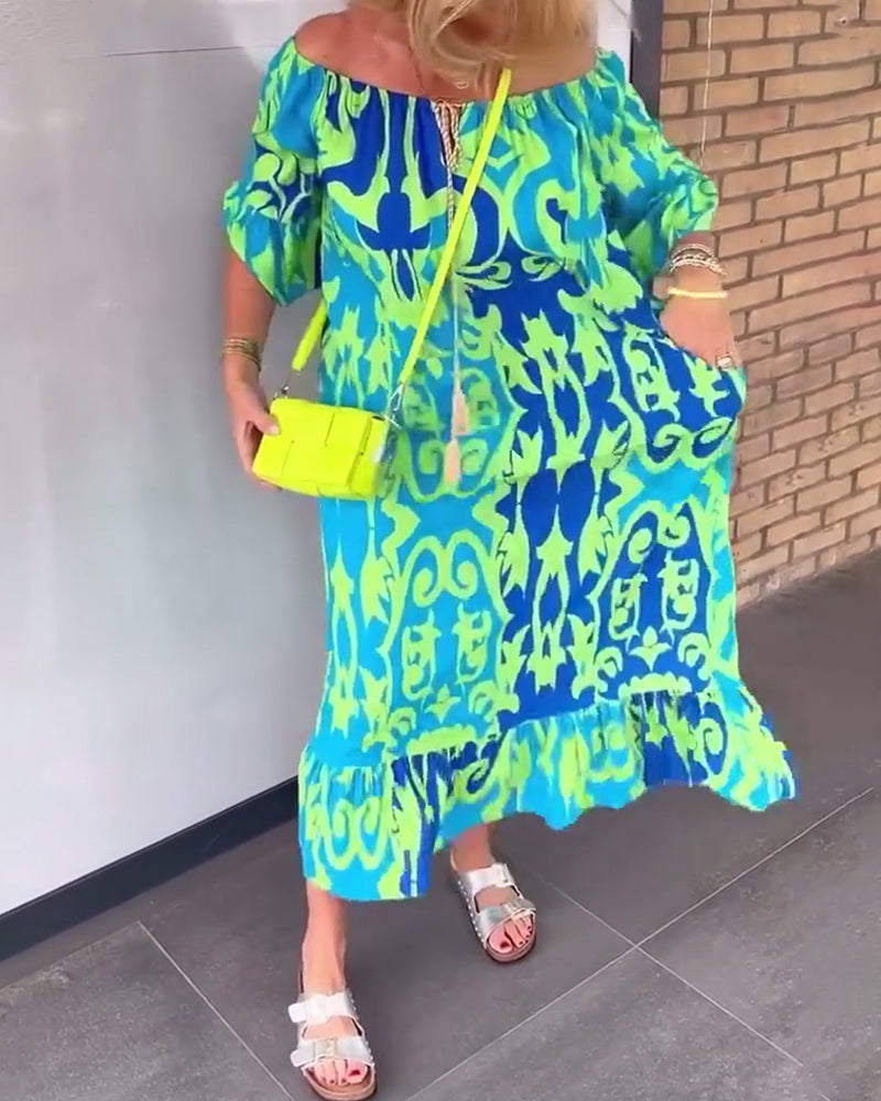 Bell Sleeve Holiday Print Dress