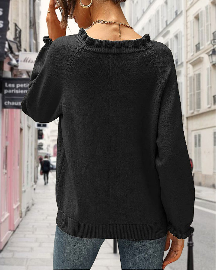 Casual solid color lapel button ruffle pullover