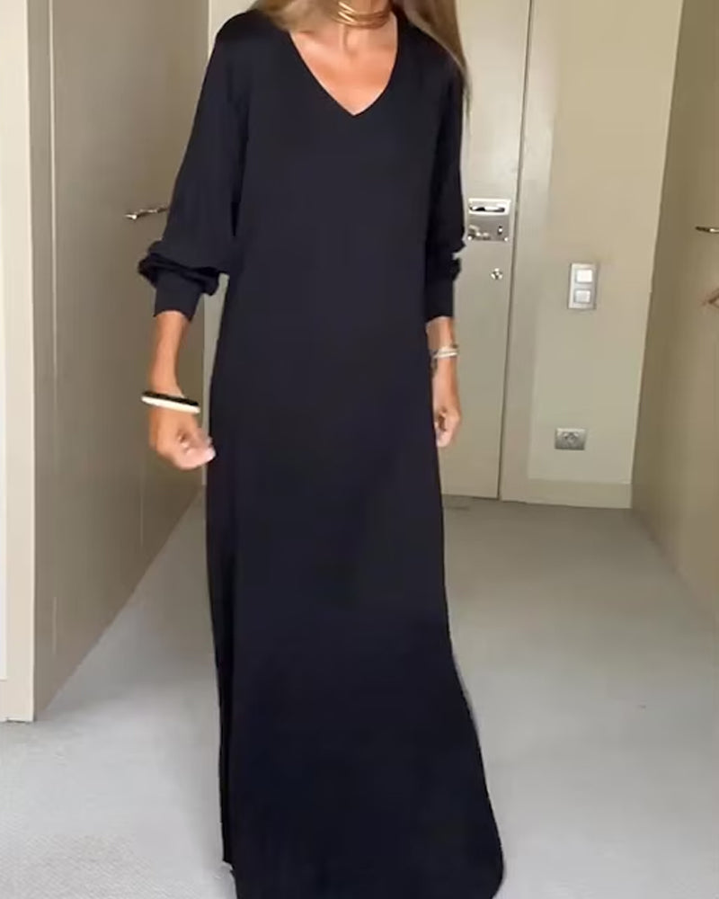 Casual solid color v-neck dress