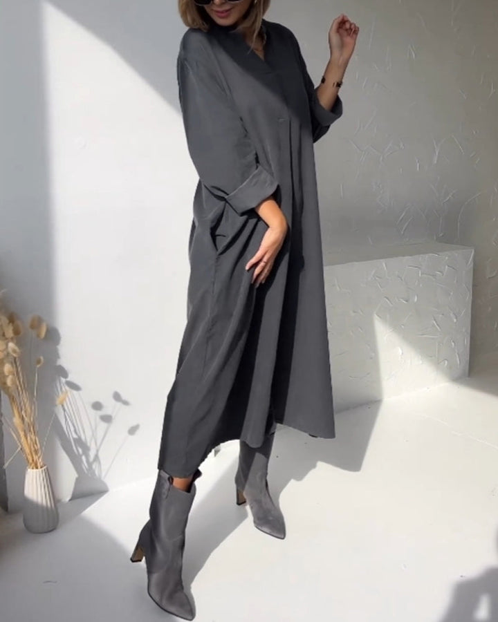 V-neck solid color pocket dress