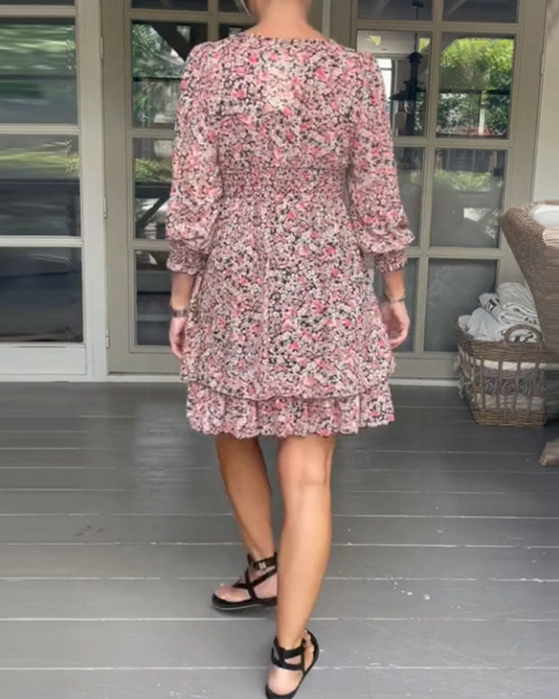 Square Neck Floral Print Casual Dress