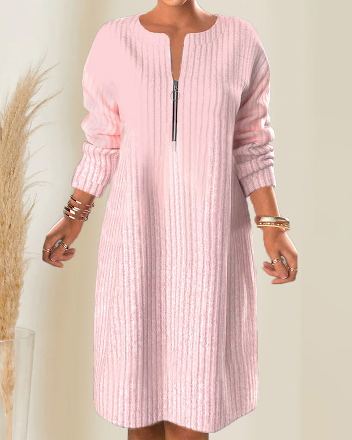 Solid Color Zipper Neck Dress