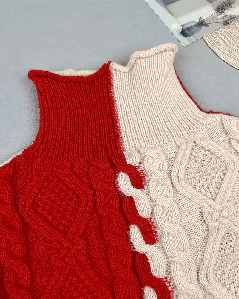 Turtleneck Contrast Cable Sweater