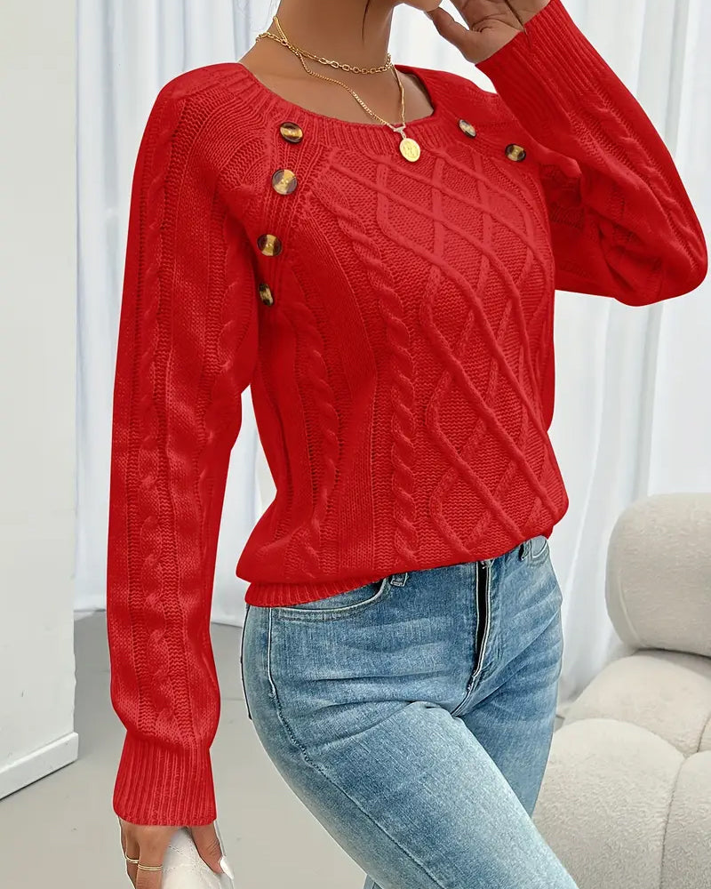Solid Raglan Sleeve Buckle Cable Knit Jumper