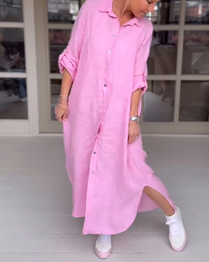 Solid color button lapel casual dress