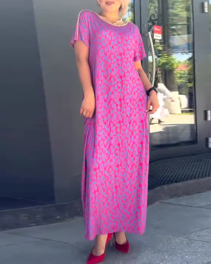 Temperament Short-Sleeved Drape Print Dress