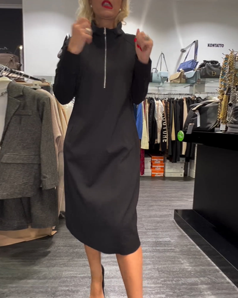 Solid color stand collar zipper dress