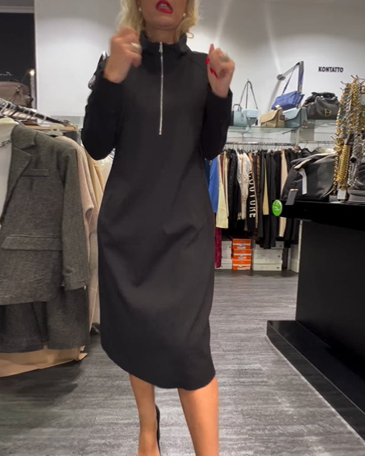 Solid color stand collar zipper dress