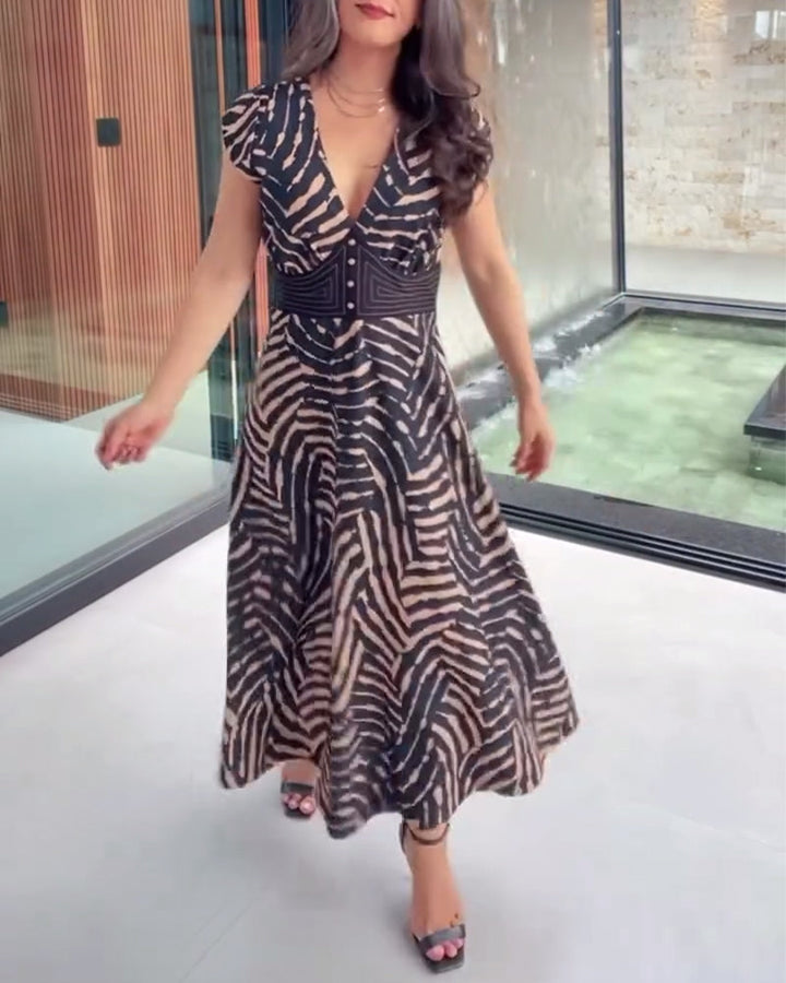 V-Neck Printed Dress With Lotus Leaf Sleeves