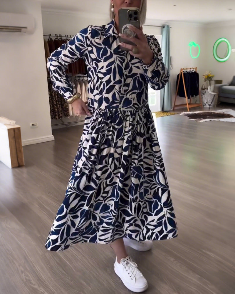 Long-Sleeved Leaf Print Dress