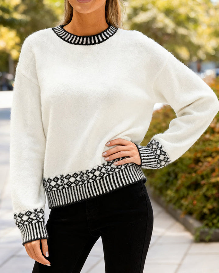 Contrast Jacquard Crew Neck Long Sleeve Sweater