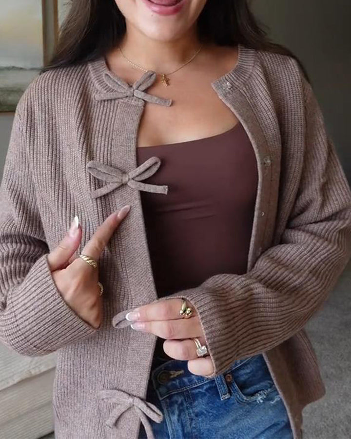 Bow Button Front Solid Cardigan