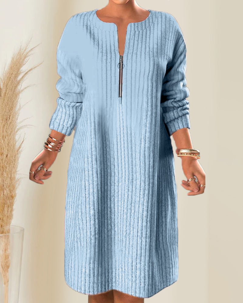 Solid Color Zipper Neck Dress