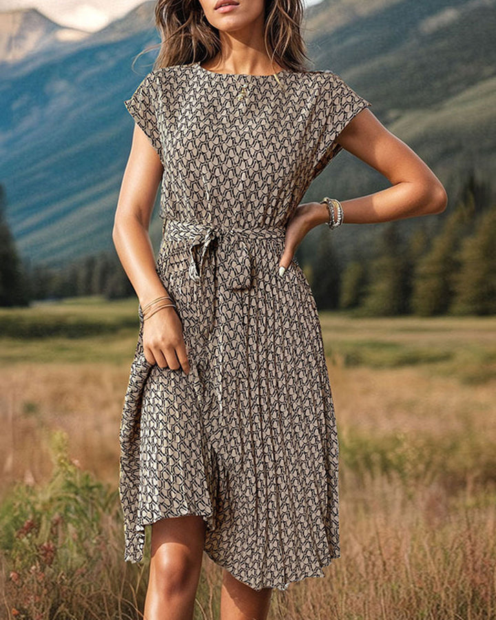 Printed lace-up dolman sleeve crew neck dress