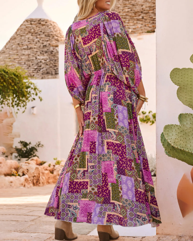 Boho Vacation V Neck Lantern Sleeve Dress