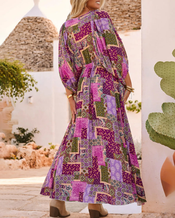 Boho Vacation V Neck Lantern Sleeve Dress