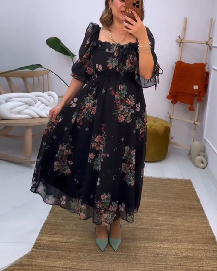 Floral print square neck elegant dress