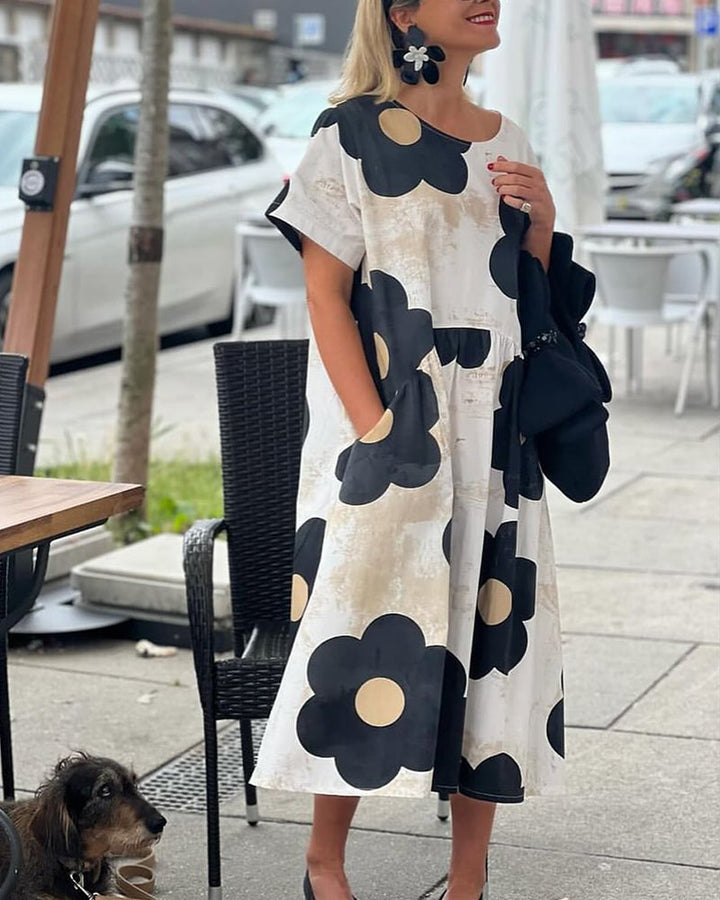 Floral print crew neck pocket loose dress