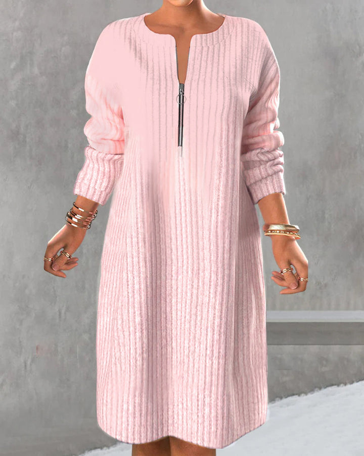 Solid Color Zipper Neck Dress
