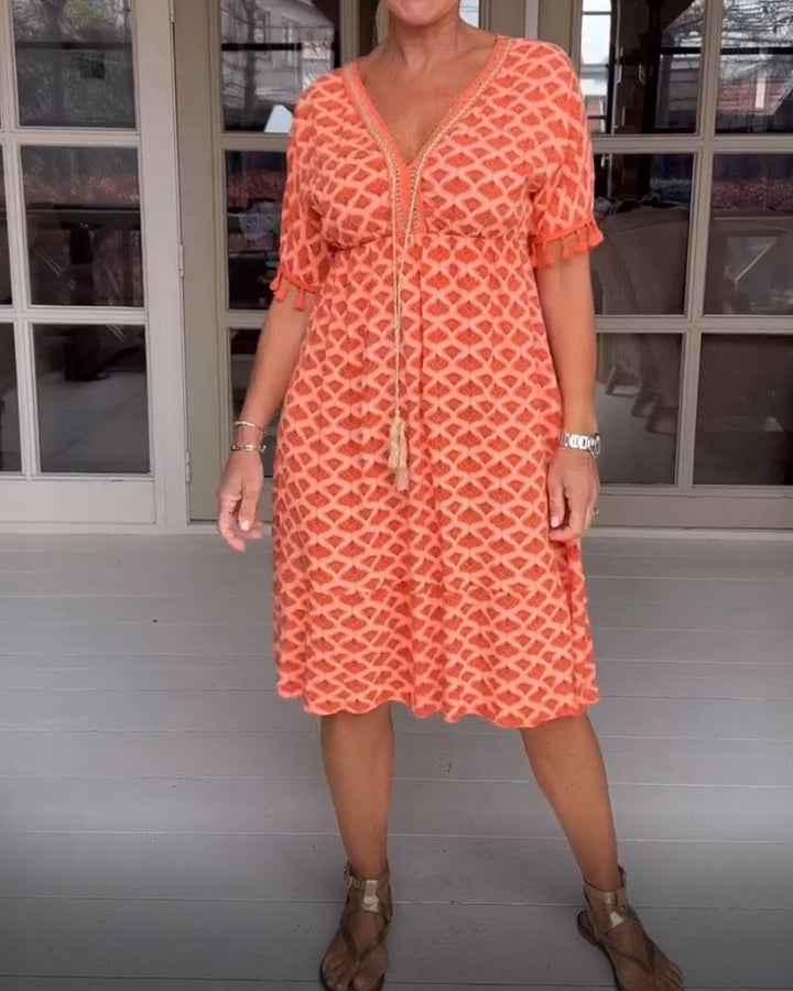 Printed v-neck fringed dress