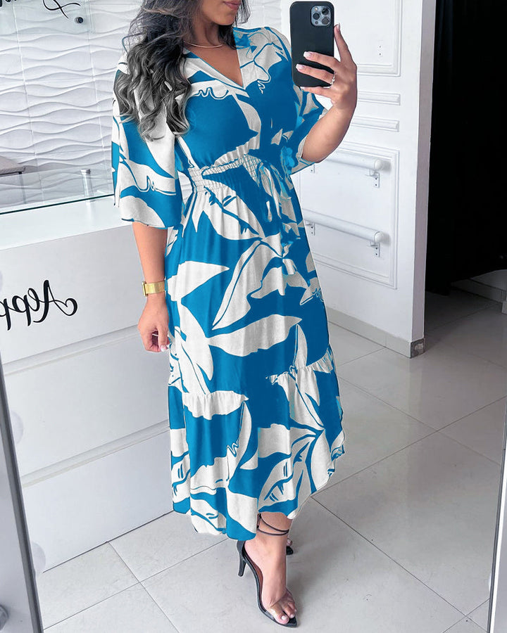 V-neck three-quarter sleeve drawstring elegant dress