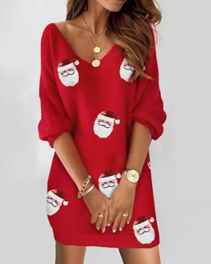 Santa Claus pattern V-neck dress
