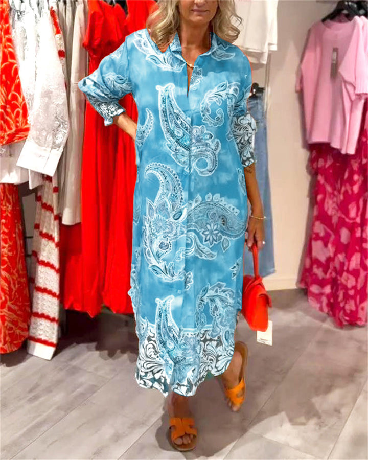 Stand Collar Long Sleeve Cashew Print Dress