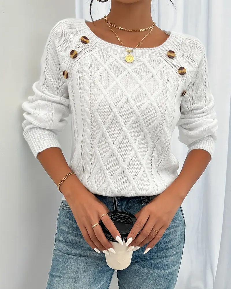 Solid Raglan Sleeve Buckle Cable Knit Jumper