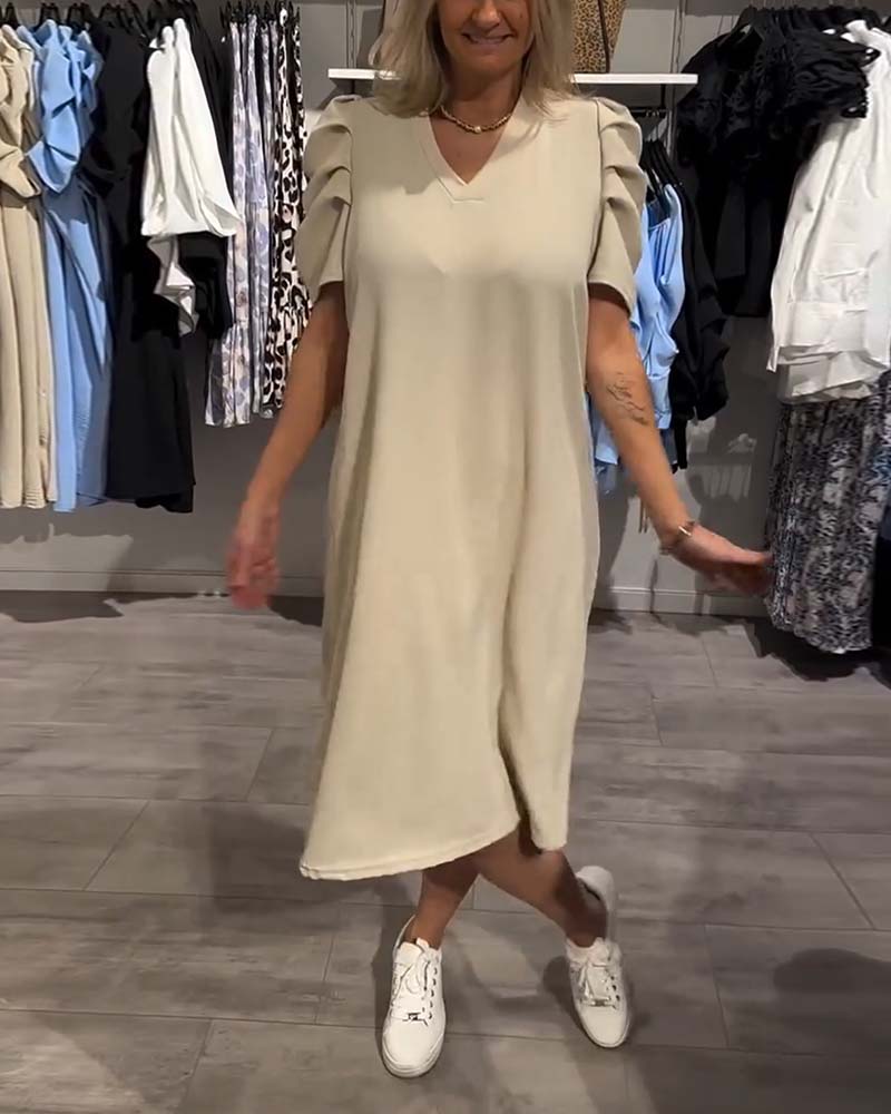 Puff Sleeve V-Neck Temperament Dress