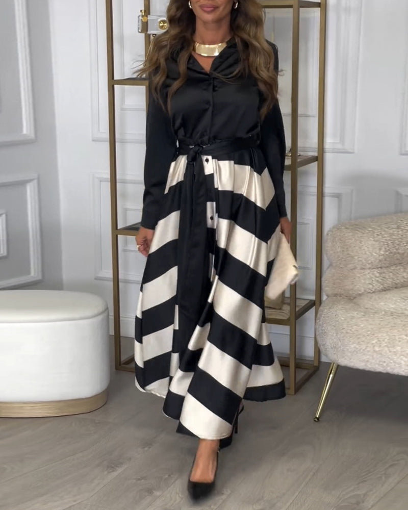 Elegant striped printed lapel strap dress
