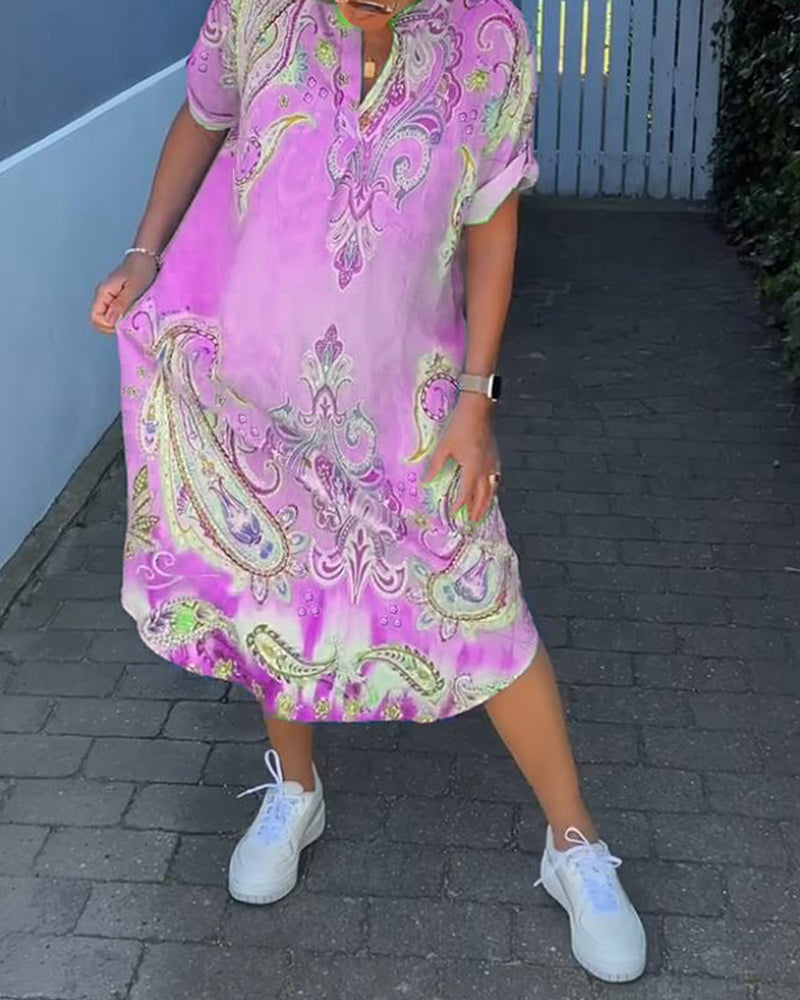 V-neck fold sleeve printed dress
