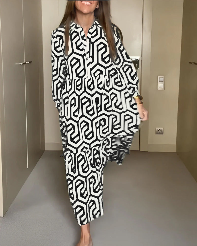 Geometric Print Nine Points Sleeve Dress