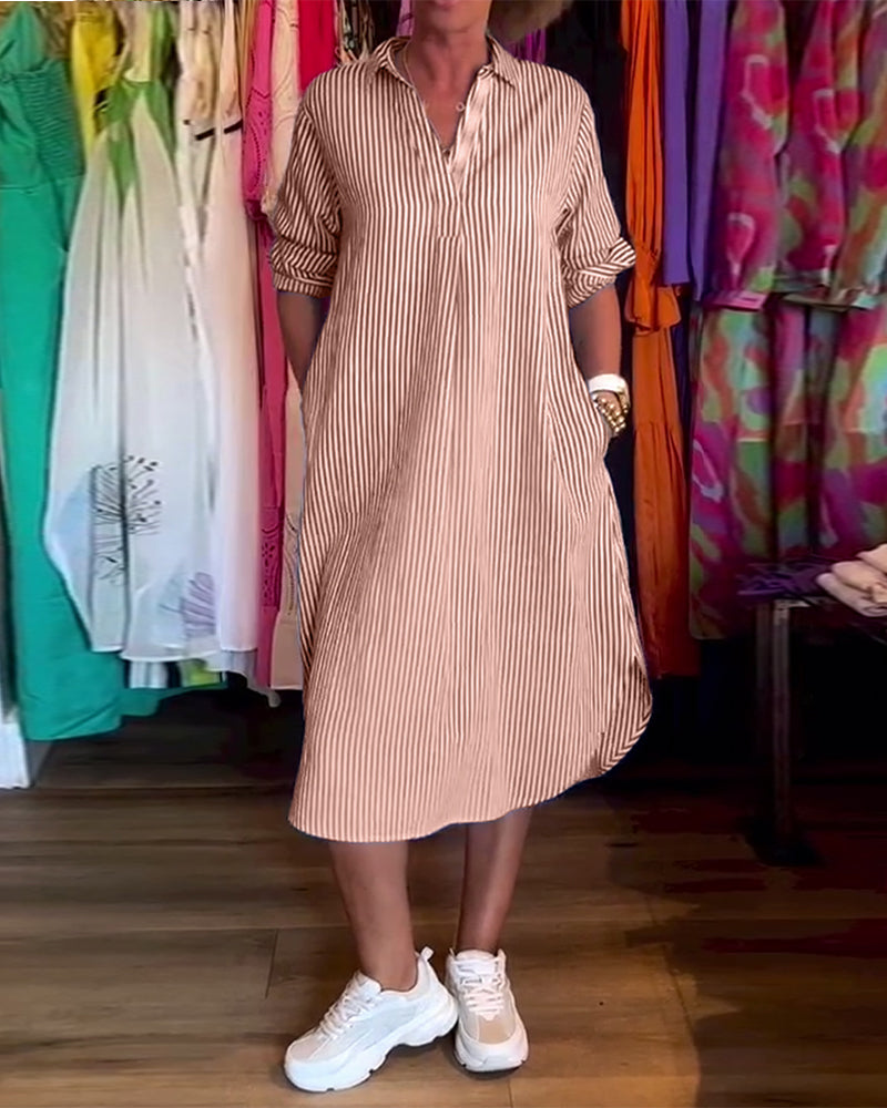 Striped printed lapel casual dress