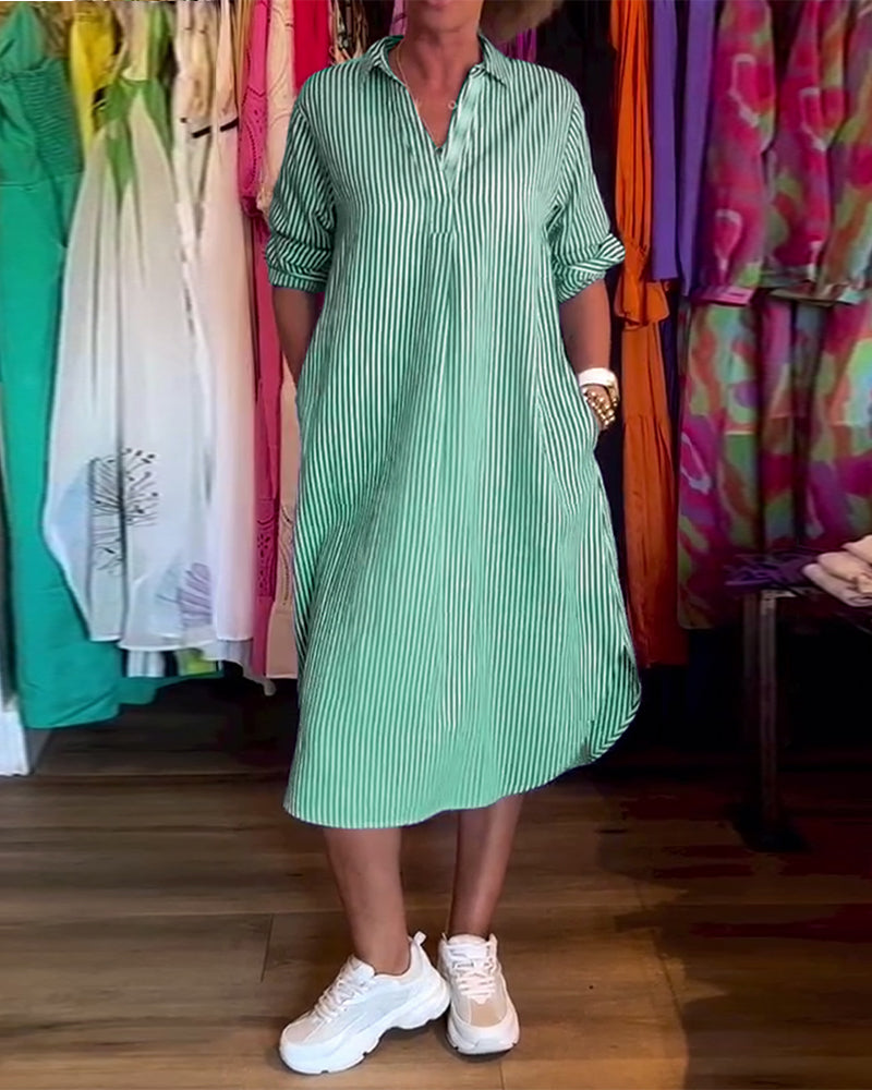 Striped printed lapel casual dress