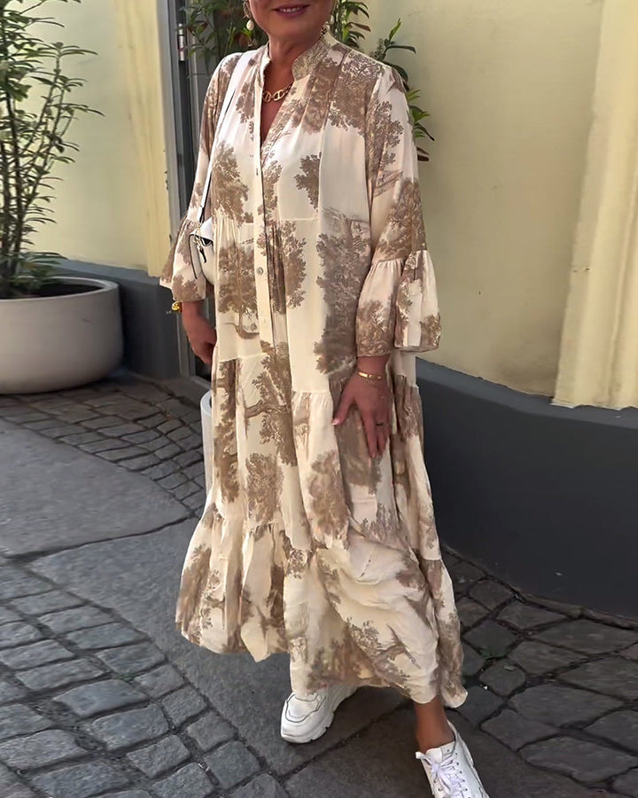 Loose printed V-neck bell sleeve patchwork dress