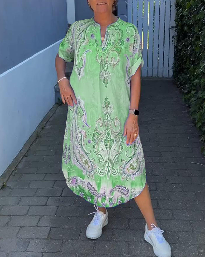 V-neck fold sleeve printed dress
