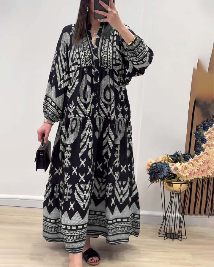 V-neck long-sleeved printed dress