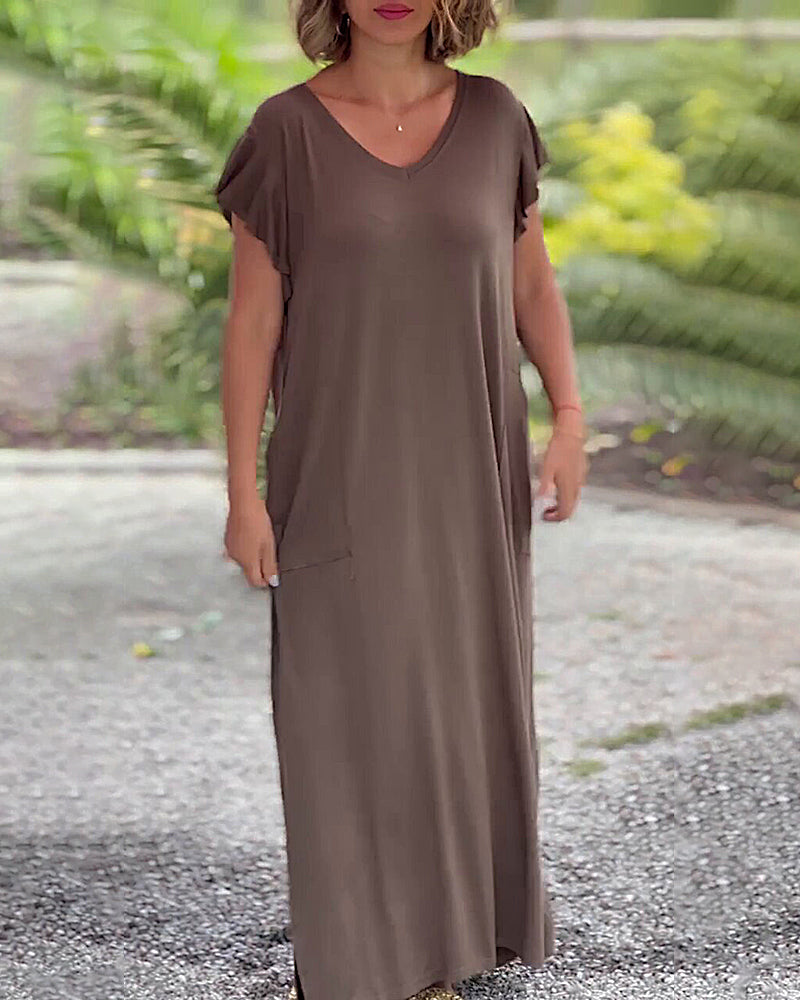 Solid color pocket short sleeve long dress