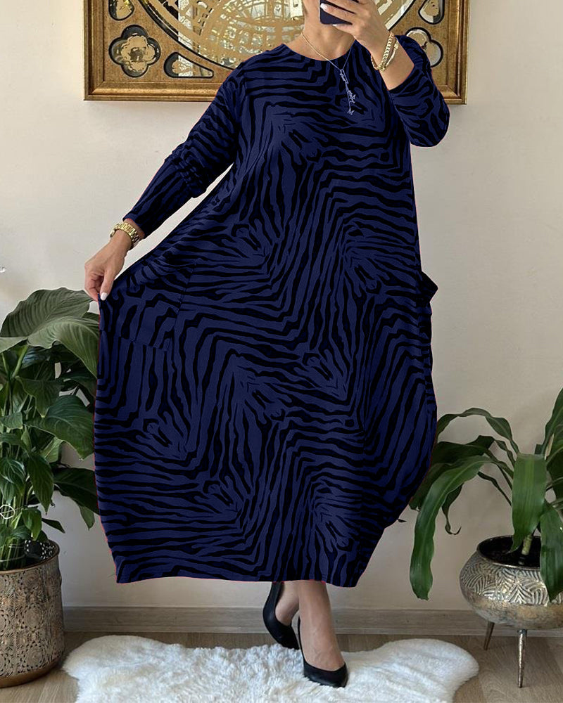 Fashion Loose Shift Dress with Print and Pocket